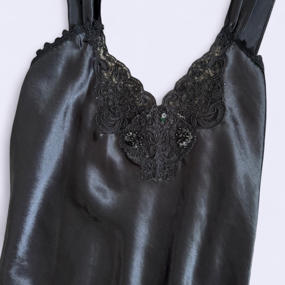 Vintage Hidden Fantasies Black Satin Lace Beaded Night Dress Made USA Size M